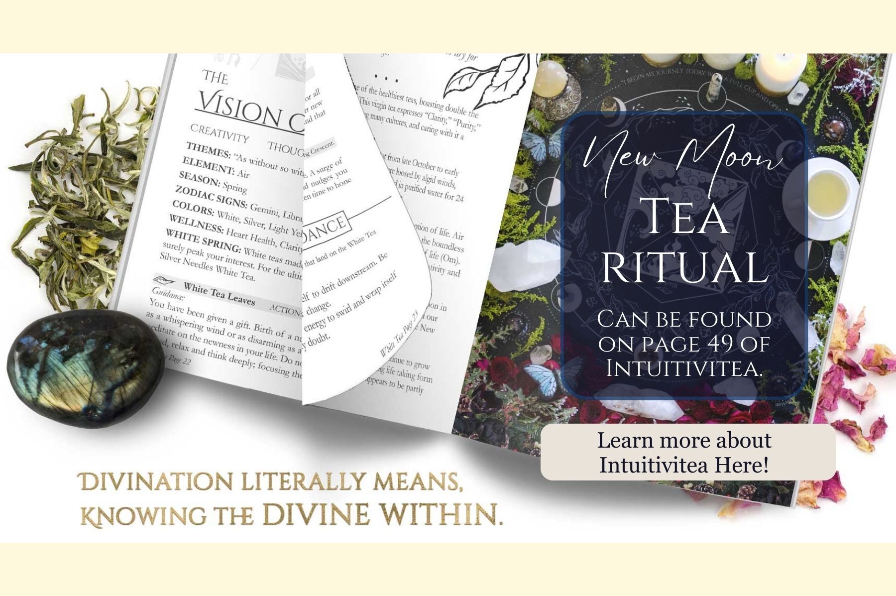Complete Intuitivitea Divination Kit – Includes casting cloth, guidebook, tea dice, and keepsake bag arranged together.